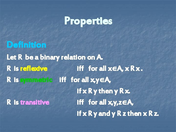 Properties Definition Let R be a binary relation on A. R is reflexive iff Properties Definition Let R be a binary relation on A. R is reflexive iff