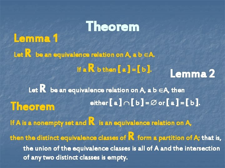 Theorem Lemma 1 Let R be an equivalence relation on A, a b A. Theorem Lemma 1 Let R be an equivalence relation on A, a b A.