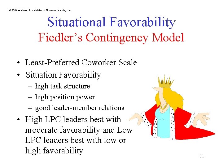 © 2001 Wadsworth, a division of Thomson Learning, Inc Situational Favorability Fiedler’s Contingency Model