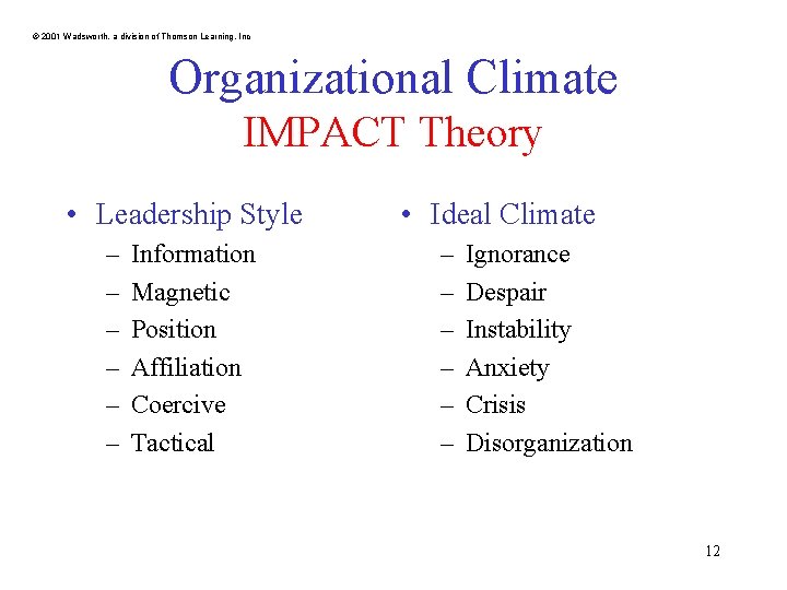 © 2001 Wadsworth, a division of Thomson Learning, Inc Organizational Climate IMPACT Theory •