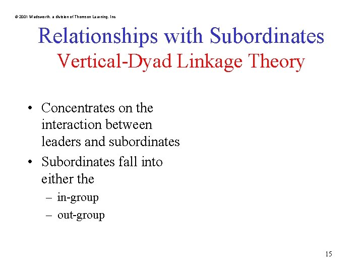 © 2001 Wadsworth, a division of Thomson Learning, Inc Relationships with Subordinates Vertical-Dyad Linkage