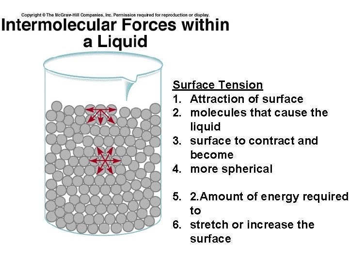 Surface Tension 1. Attraction of surface 2. molecules that cause the liquid 3. surface