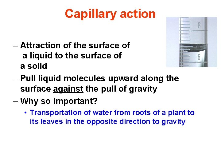 Capillary action – Attraction of the surface of a liquid to the surface of