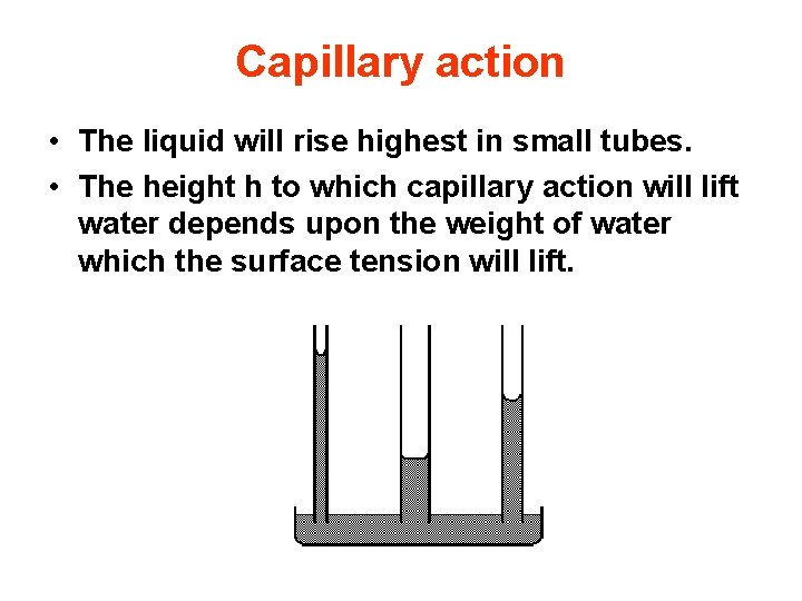 Capillary action • The liquid will rise highest in small tubes. • The height
