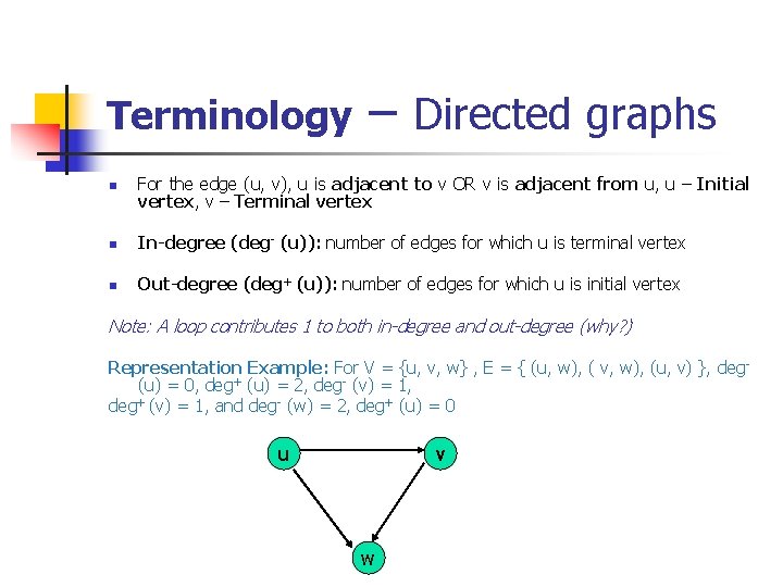 Terminology – Directed graphs n For the edge (u, v), u is adjacent to