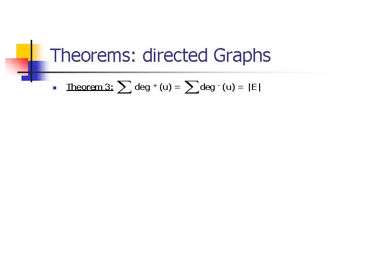 Theorems: directed Graphs n Theorem 3: deg + (u) = deg - (u) =