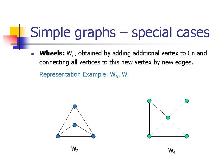 Simple graphs – special cases n Wheels: Wn, obtained by adding additional vertex to