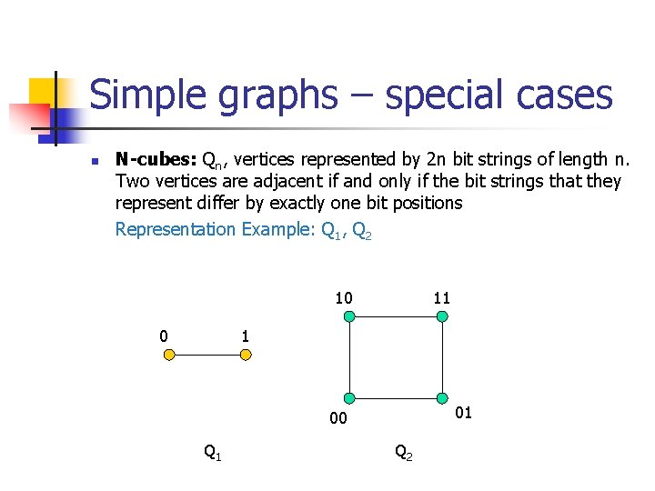 Simple graphs – special cases n N-cubes: Qn, vertices represented by 2 n bit