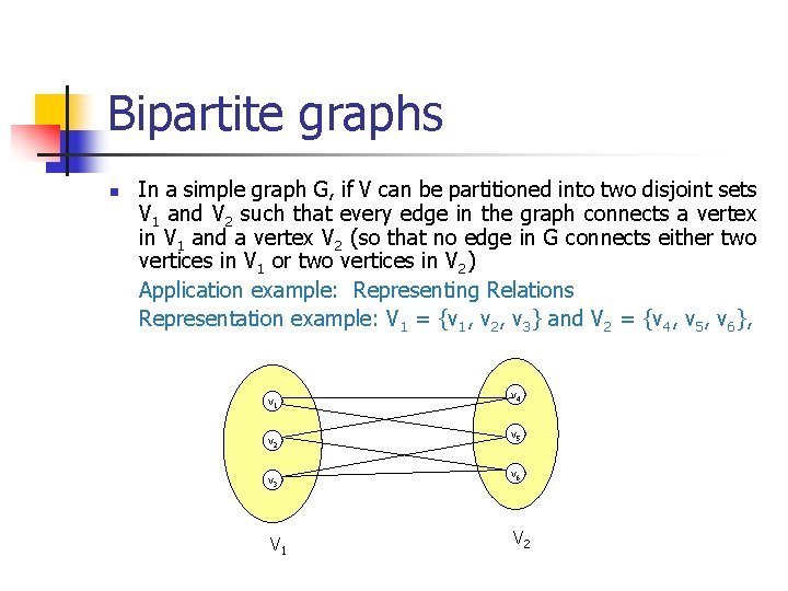 Bipartite graphs n In a simple graph G, if V can be partitioned into