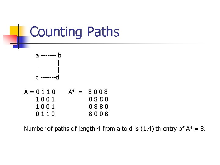 Counting Paths a ------- b | | c -------d A=0110 1001 0110 A 4