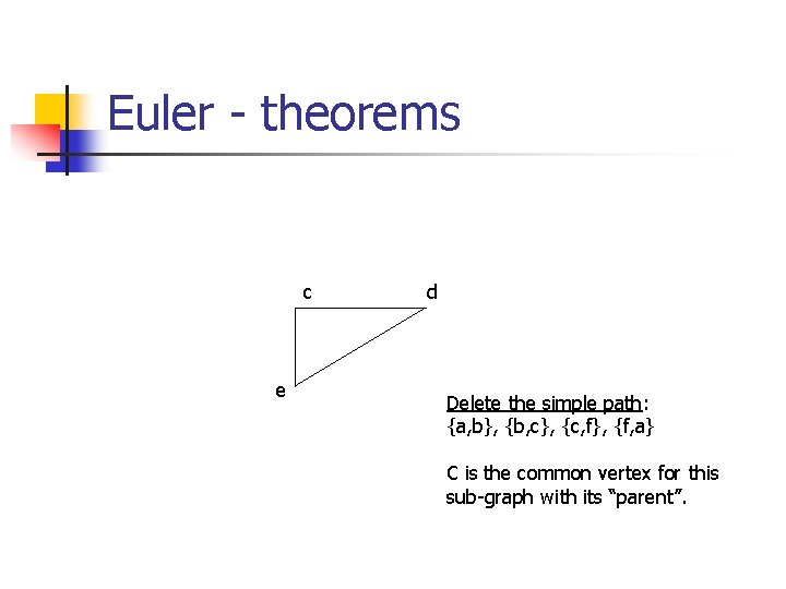 Euler - theorems c e d Delete the simple path: {a, b}, {b, c},