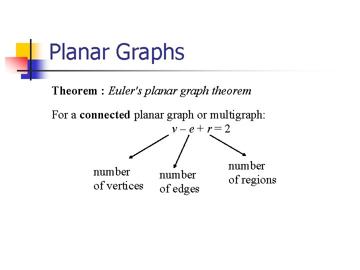 Planar Graphs Theorem : Euler's planar graph theorem For a connected planar graph or