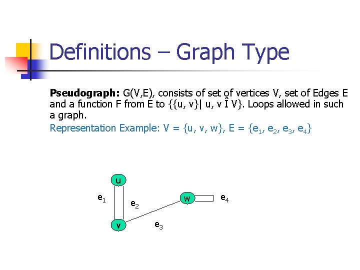 Definitions – Graph Type Pseudograph: G(V, E), consists of set of vertices V, set