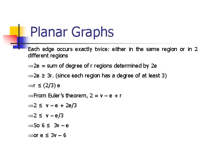 Planar Graphs Each edge occurs exactly twice: either in the same region or in