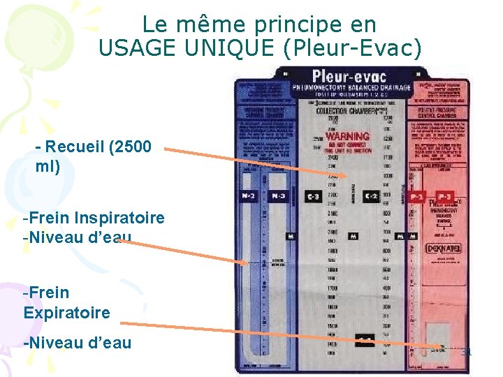 Le même principe en USAGE UNIQUE (Pleur-Evac) - Recueil (2500 ml) -Frein Inspiratoire -Niveau