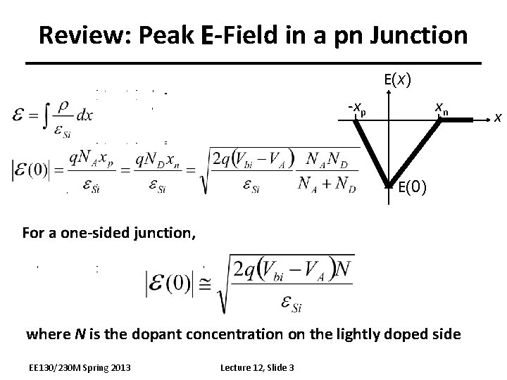 Review: Peak E-Field in a pn Junction E(x) -xp xn E(0) For a one-sided