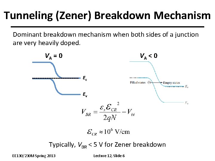 Tunneling (Zener) Breakdown Mechanism Dominant breakdown mechanism when both sides of a junction are