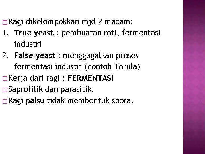 � Ragi dikelompokkan mjd 2 macam: 1. True yeast : pembuatan roti, fermentasi industri