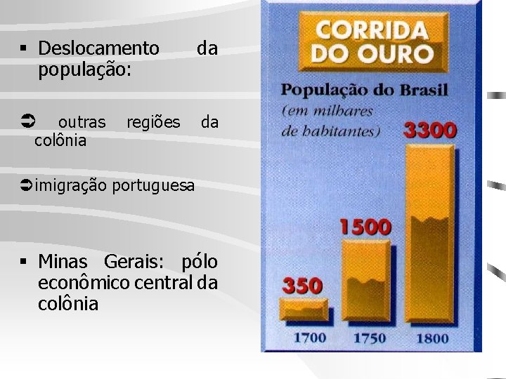 § Deslocamento população: da Ü da outras colônia regiões Üimigração portuguesa § Minas Gerais: