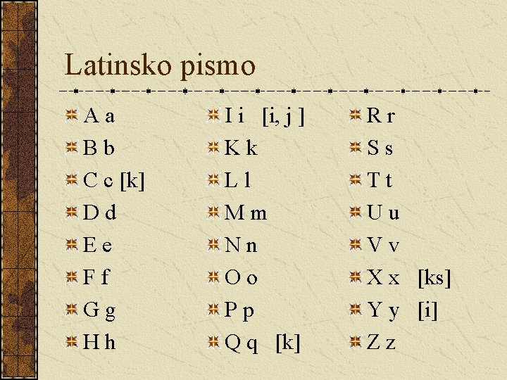 Latinsko pismo Aa Bb C c [k] Dd Ee Ff Gg Hh I i