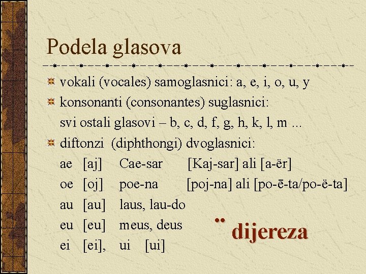 Podela glasova vokali (vocales) samoglasnici: a, e, i, o, u, y konsonanti (consonantes) suglasnici: