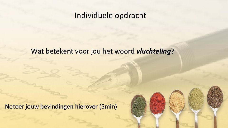 Individuele opdracht Wat betekent voor jou het woord vluchteling? Noteer jouw bevindingen hierover (5