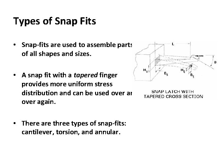 Types of Snap Fits • Snap-fits are used to assemble parts of all shapes Types of Snap Fits • Snap-fits are used to assemble parts of all shapes
