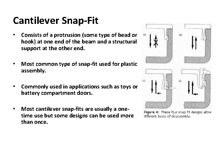 Cantilever Snap-Fit • Consists of a protrusion (some type of bead or hook) at Cantilever Snap-Fit • Consists of a protrusion (some type of bead or hook) at