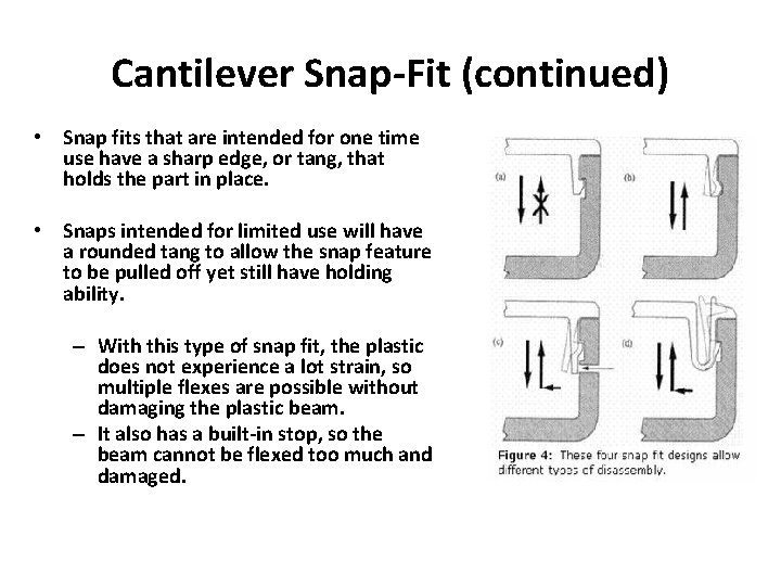 Cantilever Snap-Fit (continued) • Snap fits that are intended for one time use have Cantilever Snap-Fit (continued) • Snap fits that are intended for one time use have