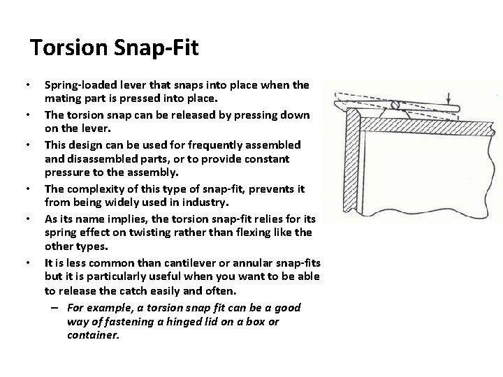 Torsion Snap-Fit • • • Spring-loaded lever that snaps into place when the mating Torsion Snap-Fit • • • Spring-loaded lever that snaps into place when the mating