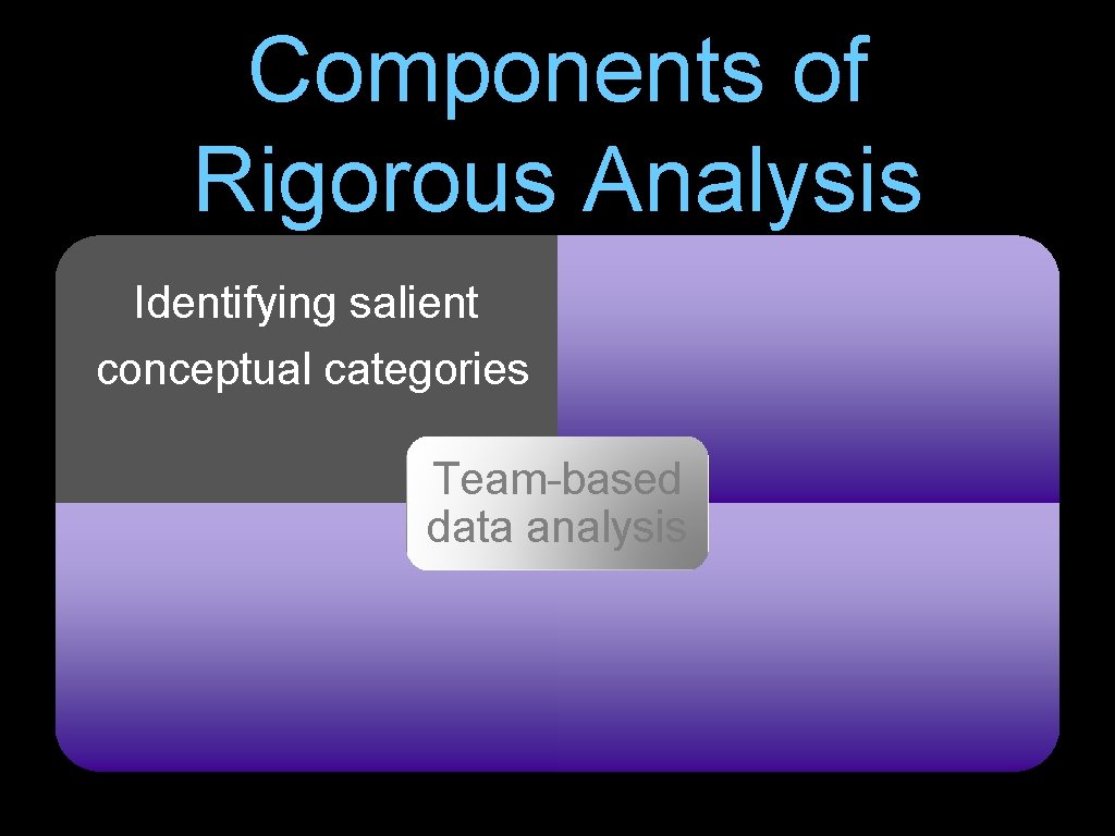 Components of Rigorous Analysis Identifying salient conceptual categories Team-based data analysis 