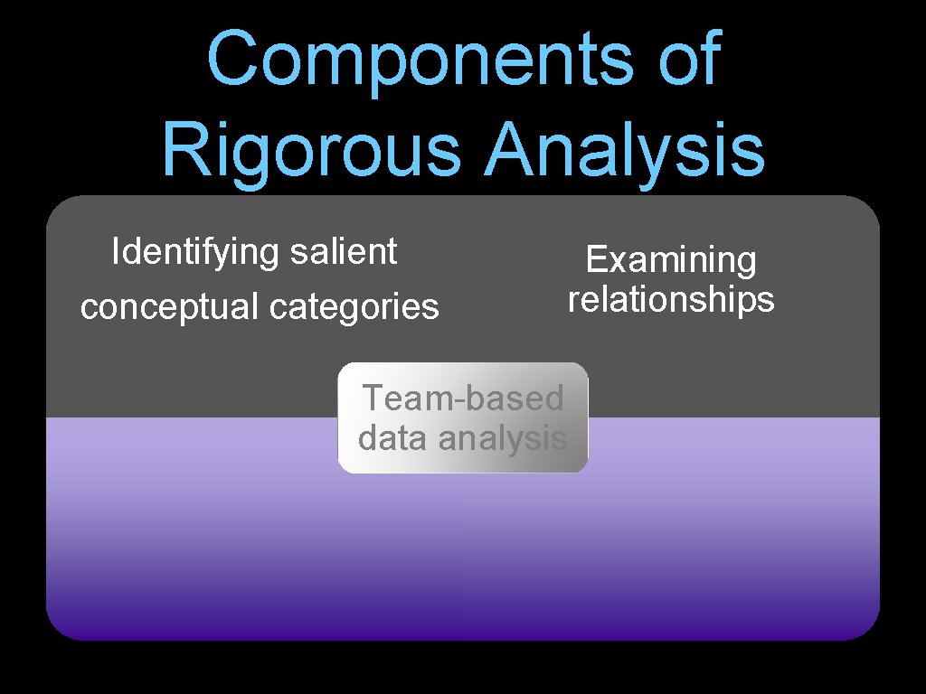 Components of Rigorous Analysis Identifying salient conceptual categories Examining relationships Team-based data analysis 
