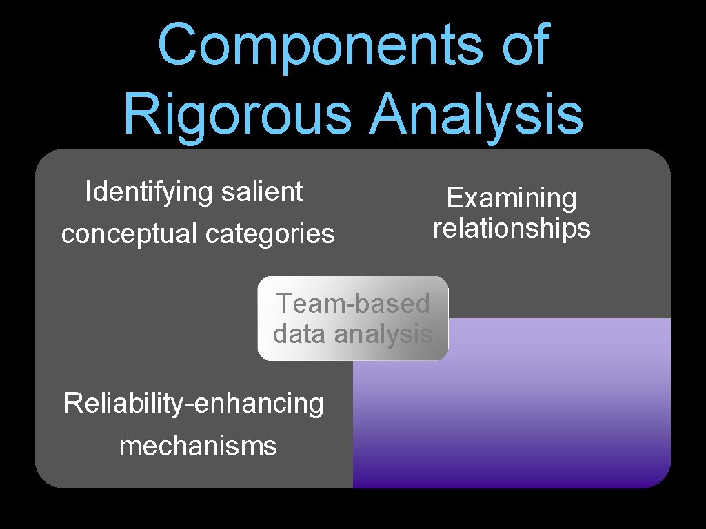 Components of Rigorous Analysis Identifying salient conceptual categories Examining relationships Team-based data analysis Reliability-enhancing