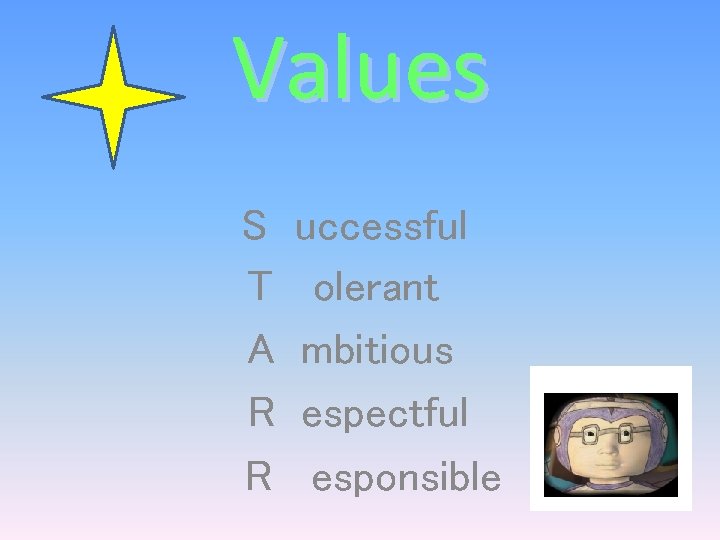 Values S T A R R uccessful olerant mbitious espectful esponsible 