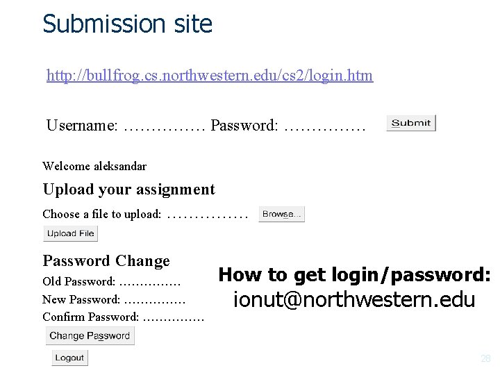 Submission site http: //bullfrog. cs. northwestern. edu/cs 2/login. htm Username: …………… Password: …………… Welcome