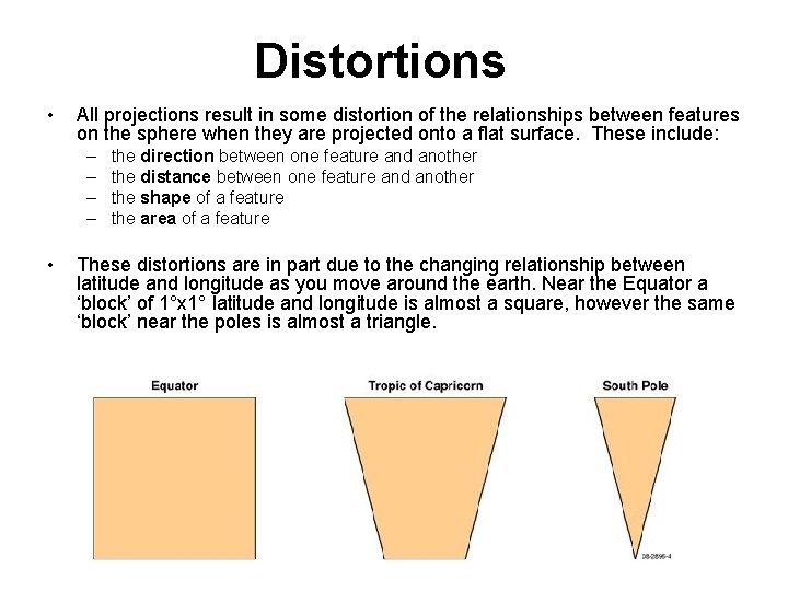 Distortions • All projections result in some distortion of the relationships between features on