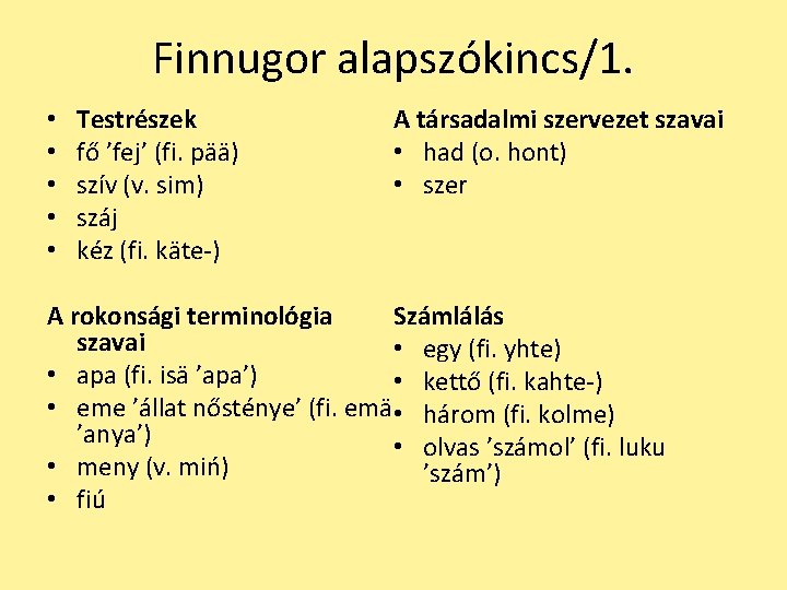 Finnugor alapszókincs/1. • • • Testrészek fő ’fej’ (fi. pää) szív (v. sim) száj