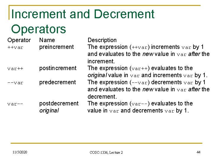 Increment and Decrement Operators Operator ++var var++ --var var-- 11/5/2020 Name preincrement Description The