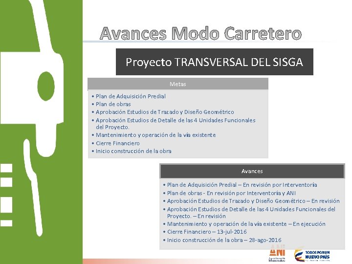 Proyecto TRANSVERSAL DEL SISGA Metas • Plan de Adquisición Predial • Plan de obras