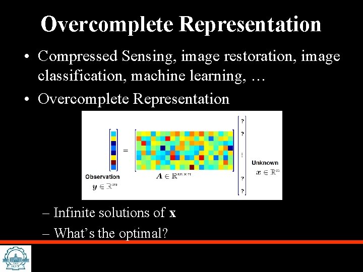 Overcomplete Representation • Compressed Sensing, image restoration, image classification, machine learning, … • Overcomplete