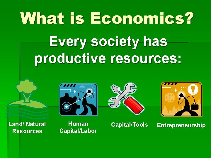 What is Economics? Every society has productive resources: Land/ Natural Resources Human Capital/Labor Capital/Tools