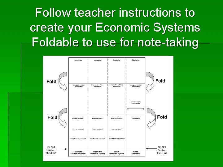 Follow teacher instructions to create your Economic Systems Foldable to use for note-taking 