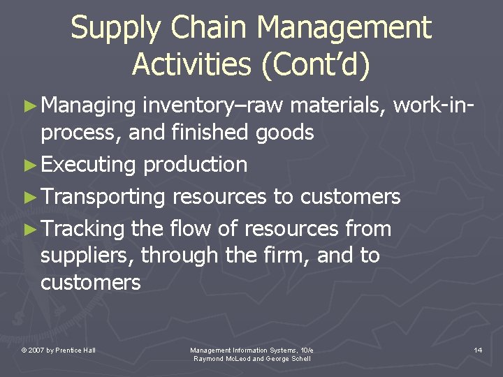 Supply Chain Management Activities (Cont’d) ► Managing inventory–raw materials, work-inprocess, and finished goods ►