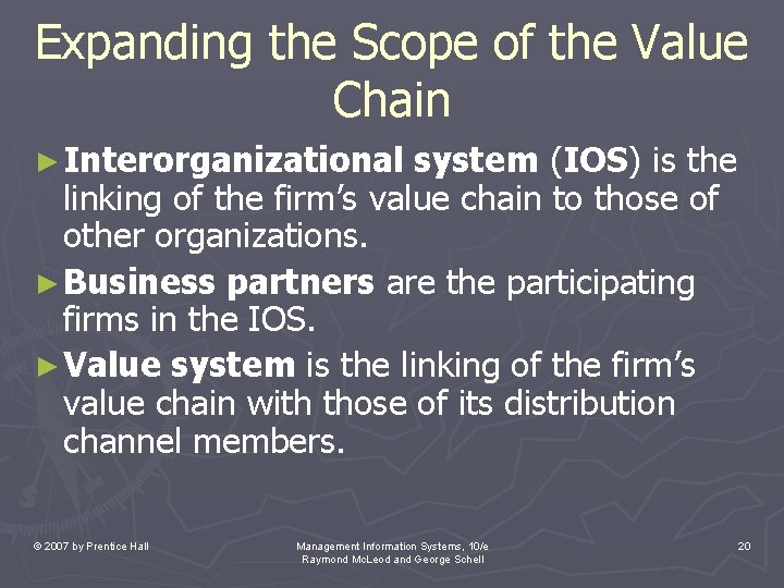 Expanding the Scope of the Value Chain ► Interorganizational system (IOS) is the linking