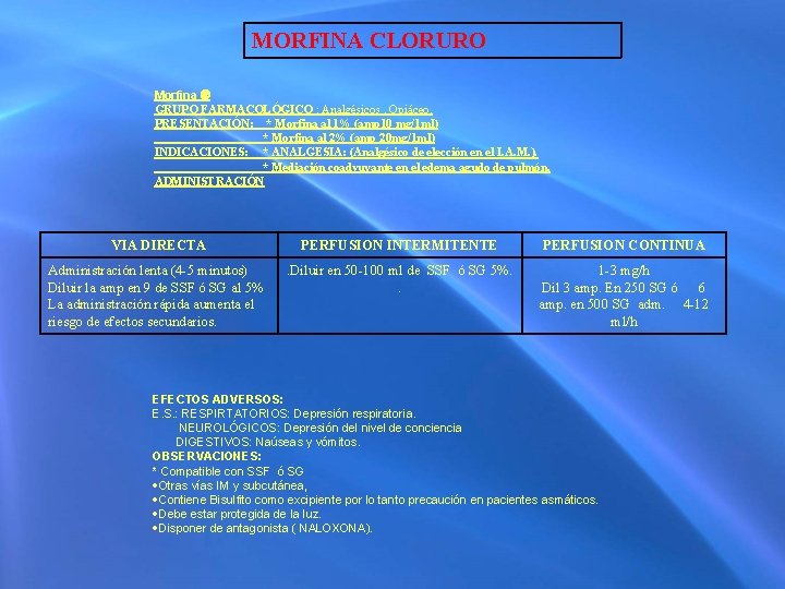 MORFINA CLORURO Morfina GRUPO FARMACOLÓGICO : Analgésicos. Opiáceo. PRESENTACIÓN: * Morfina al 1% (amp