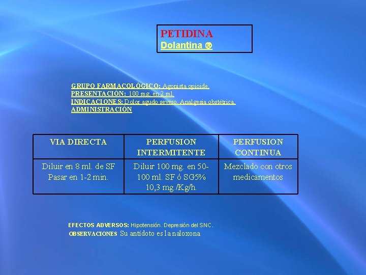 PETIDINA Dolantina GRUPO FARMACOLÓGICO: Agonista opioide. PRESENTACIÓN: 100 mg. en 2 ml. INDICACIONES: Dolor