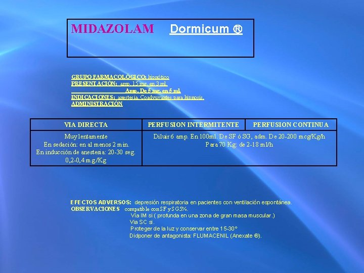 MIDAZOLAM Dormicum GRUPO FARMACOLÓGICO: hipnótico PRESENTACIÓN: amp. 15 mg. en 3 ml. Amp. De