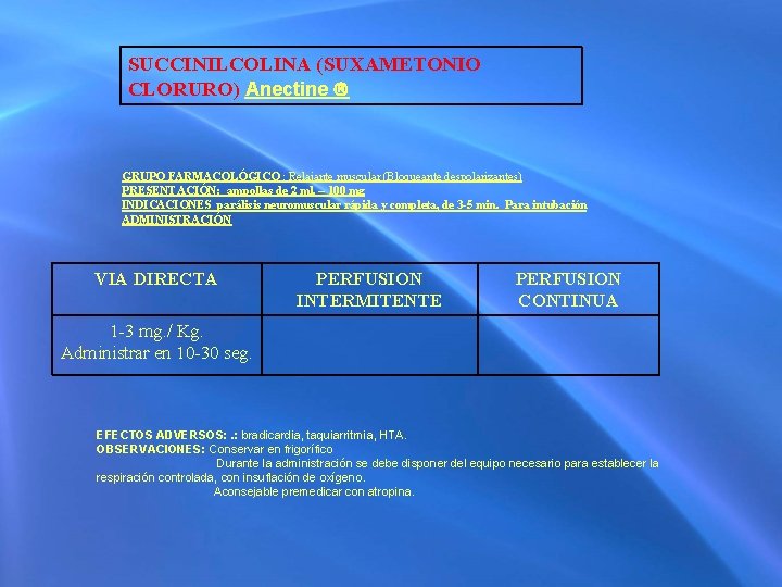 SUCCINILCOLINA (SUXAMETONIO CLORURO) Anectine GRUPO FARMACOLÓGICO : Relajante muscular (Bloqueante despolarizantes) PRESENTACIÓN: ampollas de