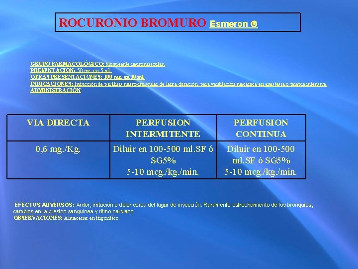 ROCURONIO BROMURO Esmeron GRUPO FARMACOLÓGICO: bloqueante neuromuscular. PRESENTACIÓN: 50 mg. en 5 ml. OTRAS