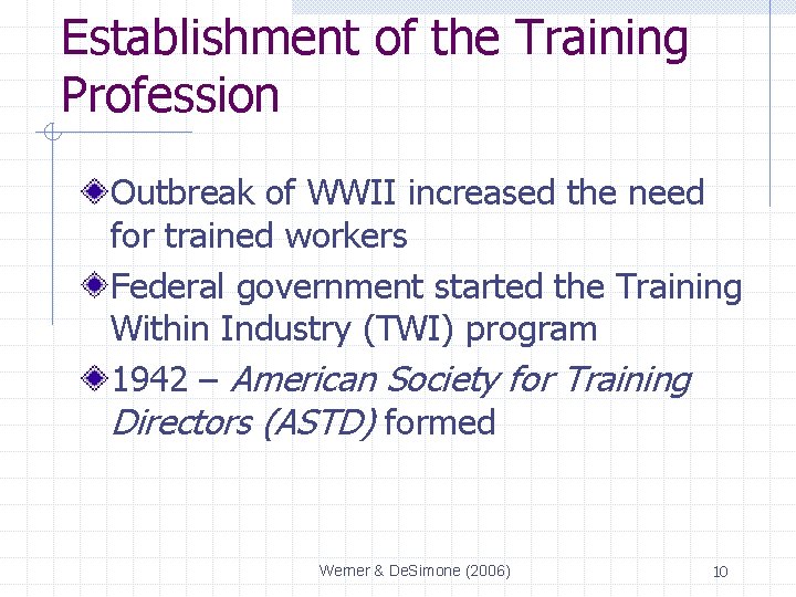 Establishment of the Training Profession Outbreak of WWII increased the need for trained workers